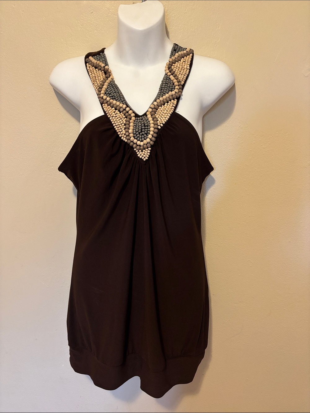 Dots Brown Tank Top with Natural and Gray Beaded V-Neck